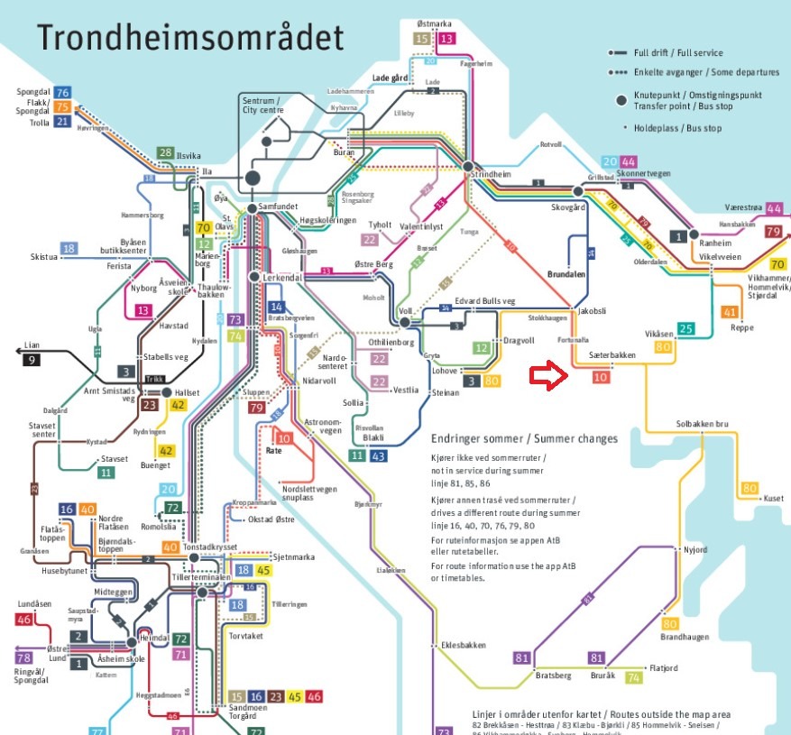 Nærmeste bussholdeplass er Sæterbakken. Den tar ca 20 min til Trondheim sentrum. Det går også buss til Dragvoll. 